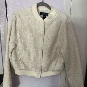 Rachel Zoe ivory tweed bomber jacket, size medium.
